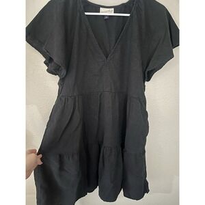 Universal Thread Black Linen Blend Tiered Mini Dress V-Neck Pockets Size M
